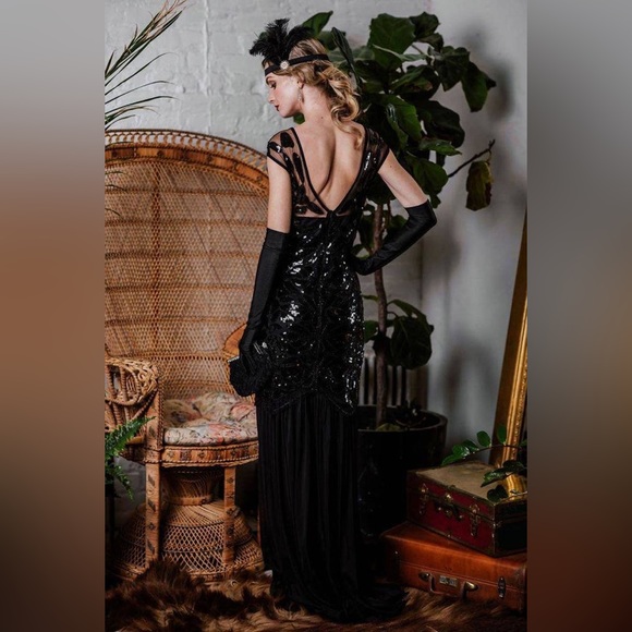 Vintage1920s Gatsby Flapper Beaded Sequins Maxi Long Sheer Dress size L (12) - Picture 1 of 7